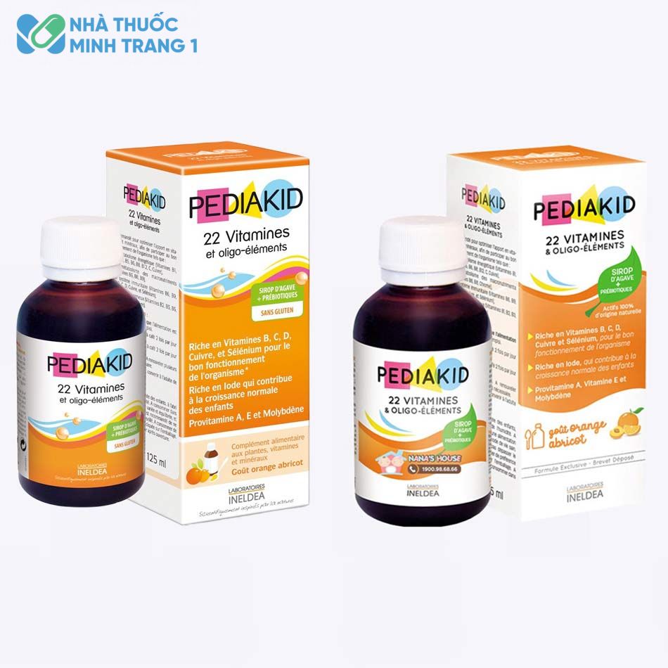 Pediakid 22 vitamin mẫu cũ (bên trái) và mẫu mới (bên phải)