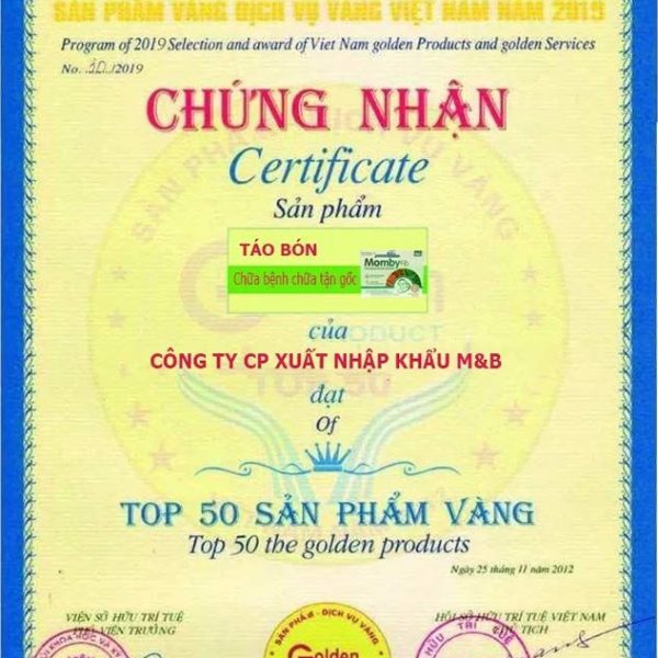 Giấy chứng nhận đạt top 50 sản phẩm vàng Việt Nam