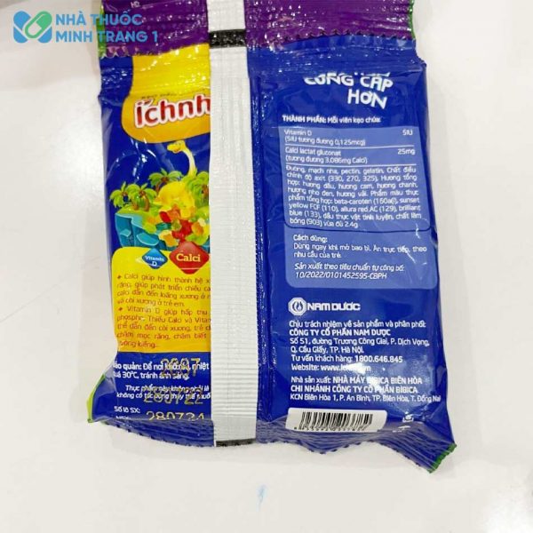 Thông tin trên gói kẹo dẻo Canxi-D Ích Nhi
