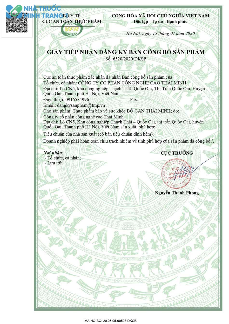 Hình ảnh giấy tiếp nhận đăng ký bản công bố sản phẩm Bổ gan Thái Minh