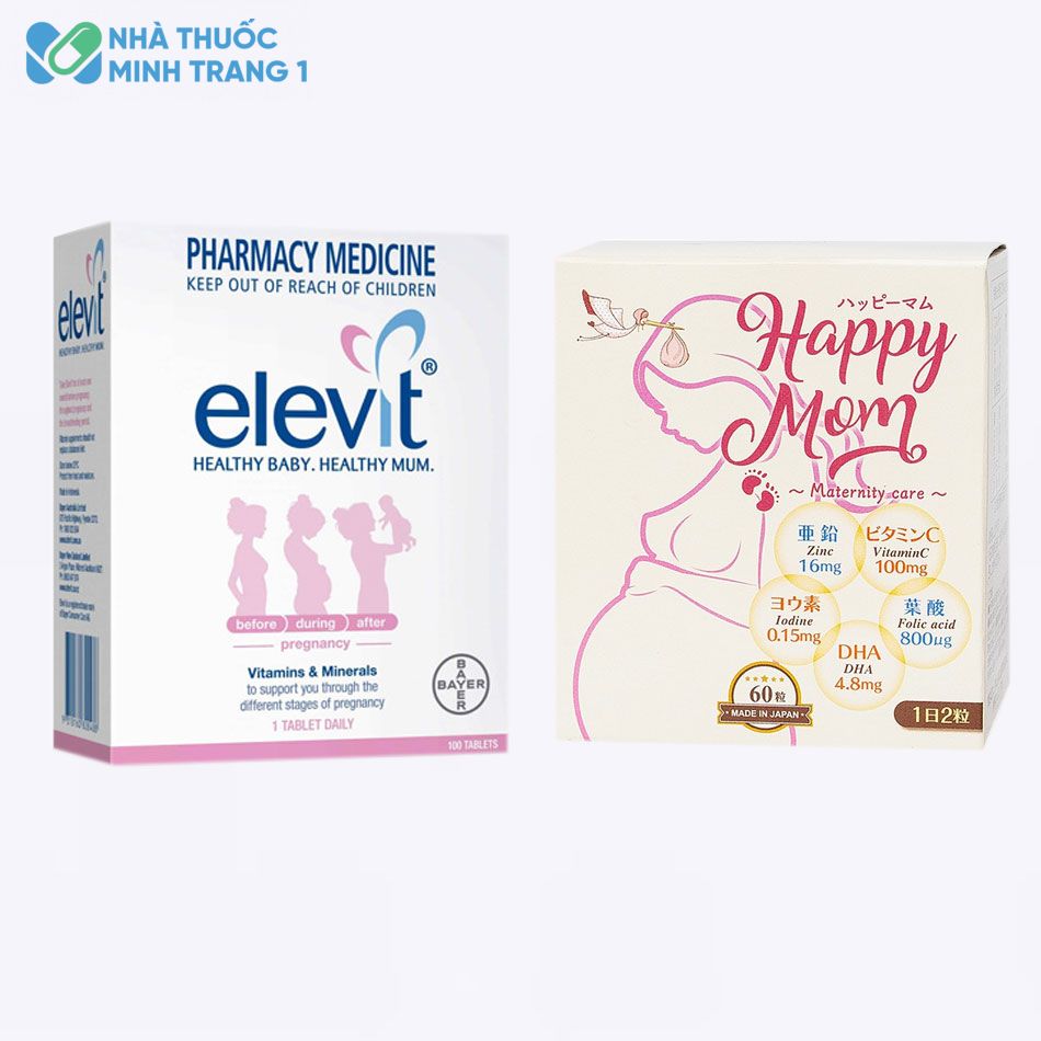 Hộp Elevit (bên trái) và hộp Happy Mom (bên phải)