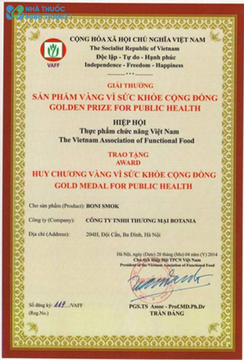 Boni-smok giành được giải thưởng vàng về sức khỏe cộng đồng