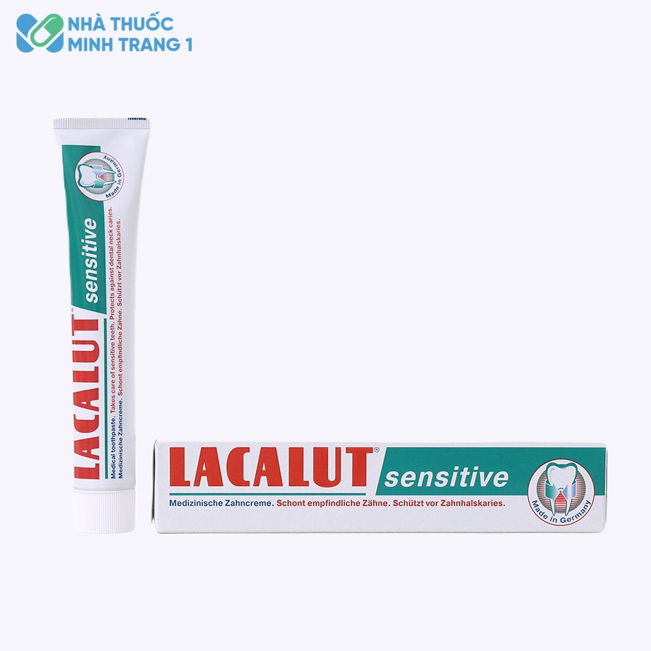 Hình ảnh: Hộp và tuýp kem đánh răng giảm ê buốt 75ml Lacalut Sensitive