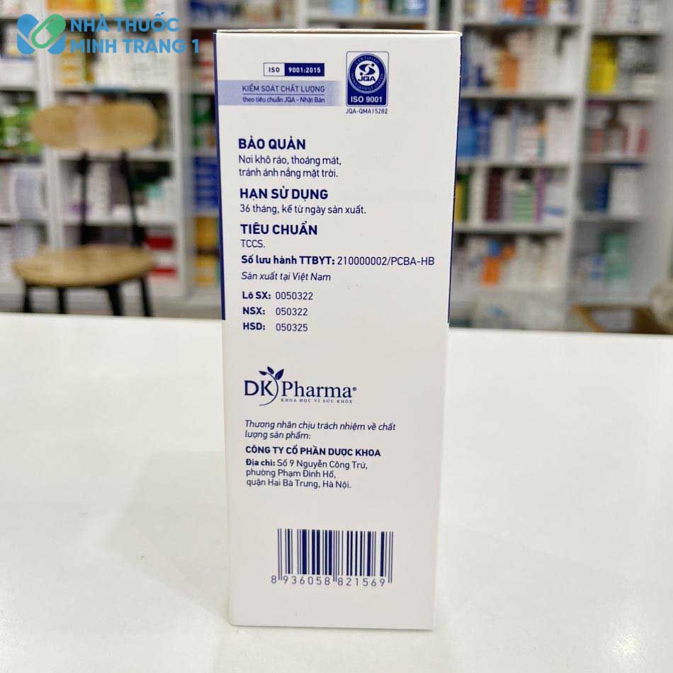 Mặt sau hộp của nước súc miệng TMT của DK - Pharma