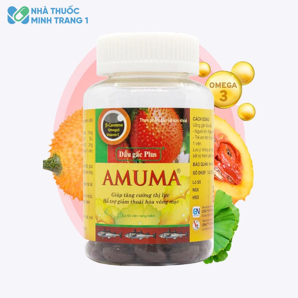 Dầu gấc Plus Amuma với hàm lượng dồi dào, dầu gấc, omega 3, vitamin E,...