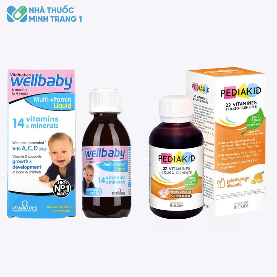 Hình ảnh: Sản phẩm Wellbaby Multivitamin Liquid (bên trái) và Pediakid 22 vitamines (bên phải)