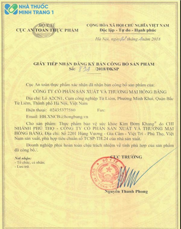 Giấy tiếp nhận đăng ký bản công bố sản phẩm Kim Đởm Khang