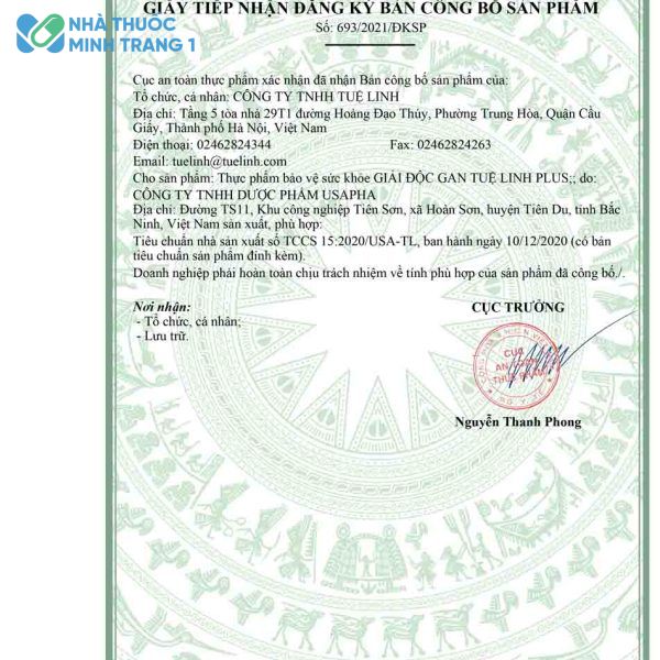 Giấy tiếp nhận đăng ký bản công bố sản phẩm giải độc gan Tuệ Linh plus