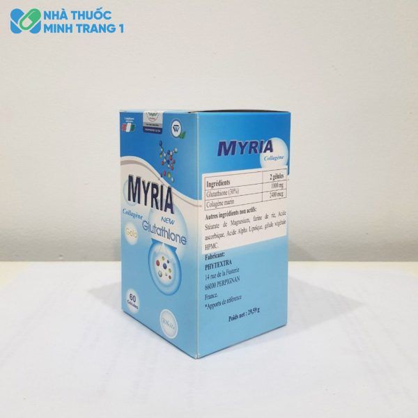 Mặt nghiêng của hộp sản phẩm Viên uống Myria Glutathione được chụp tại Nhà Thuốc Minh Trang 1