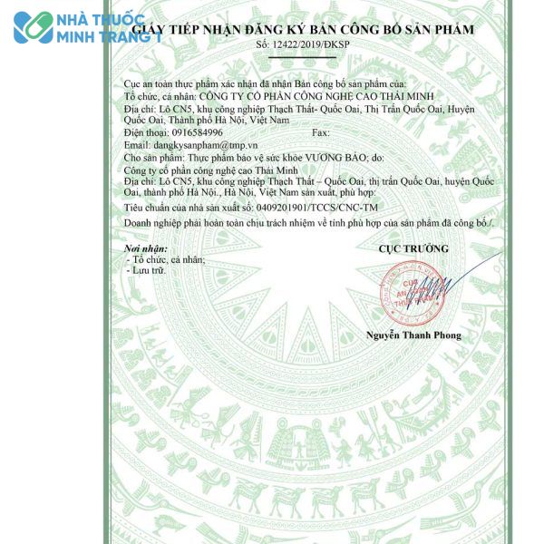 Số giấy tiếp nhận đăng ký bản công bố sản phẩm Vương Bảo