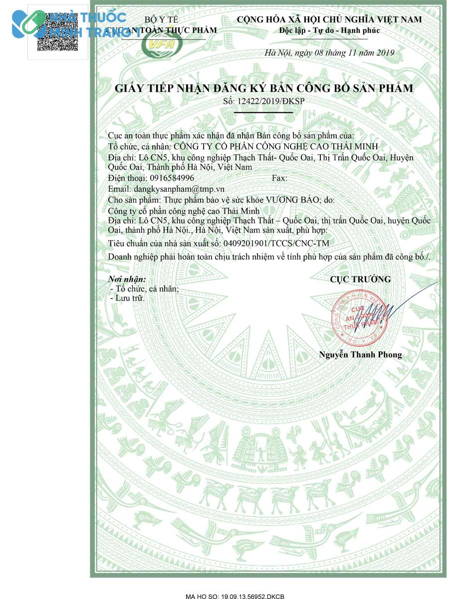 Số giấy tiếp nhận đăng ký bản công bố sản phẩm Vương Bảo