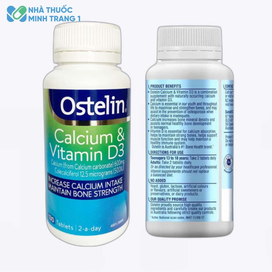 Hình ảnh mặt trước và sau sản phẩm Ostelin Calcium & Vitamin D3
