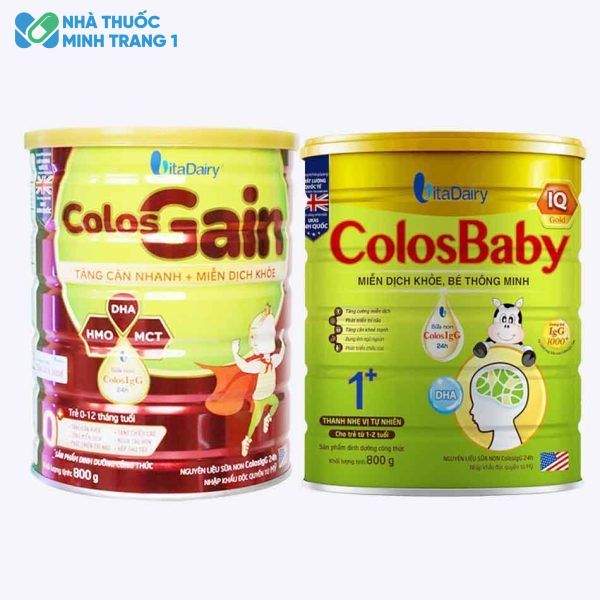 Hình ảnh hai loại sữa Colos Gain và Colosbaby