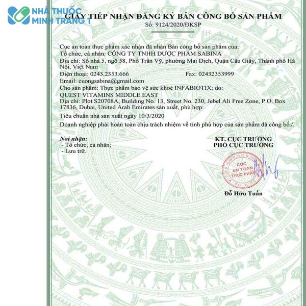 Hình ảnh giấy chứng nhận của sản phẩm Infa Biotix