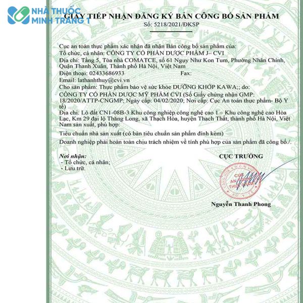 Hình ảnh giấy chứng nhận của dưỡng khớp Kawa