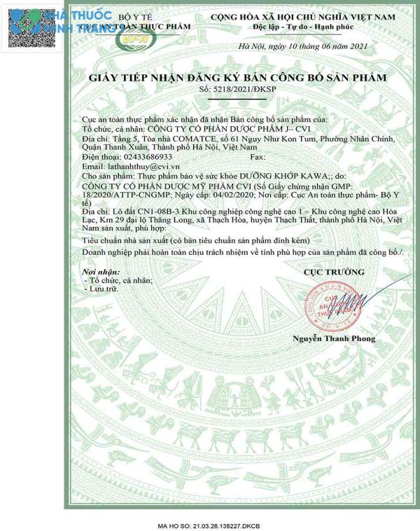 Hình ảnh giấy chứng nhận của dưỡng khớp Kawa
